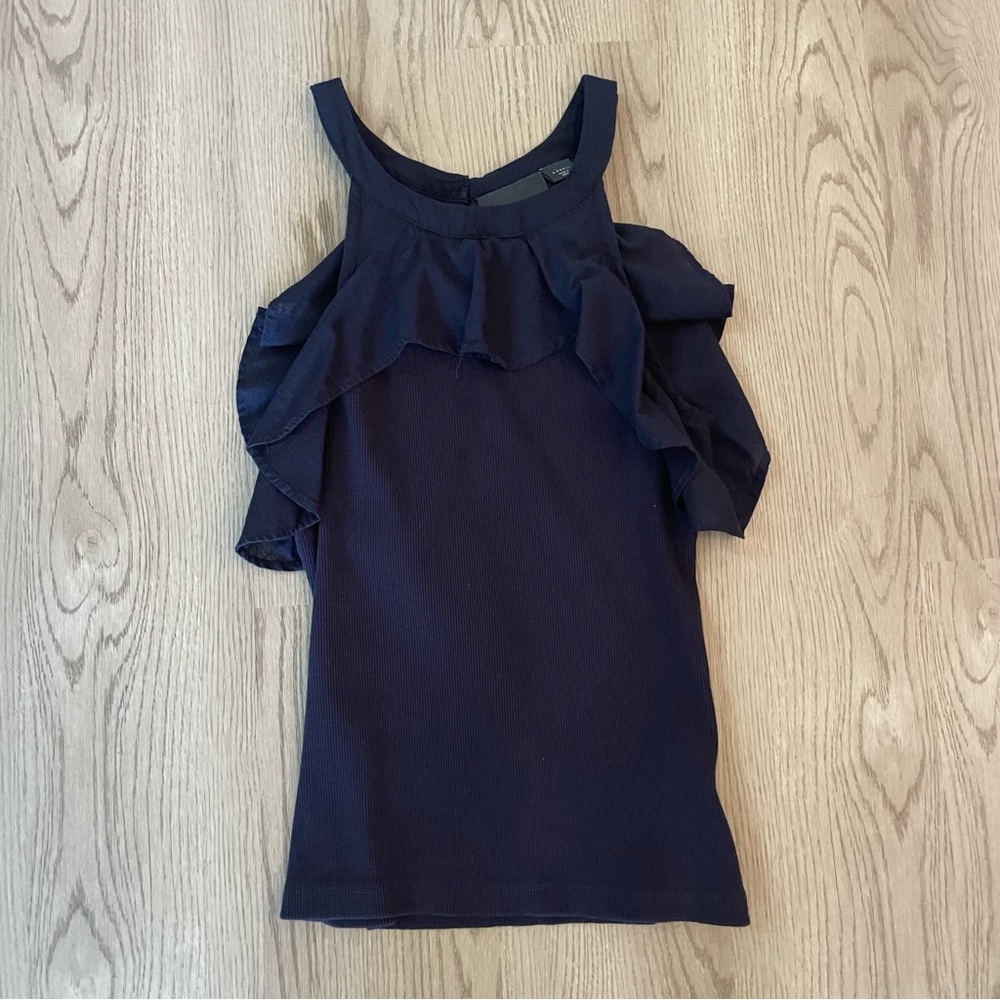 Maeve Anthropologie Ribbed Ruffle Tank Top in Navy - Picture 2 of 12